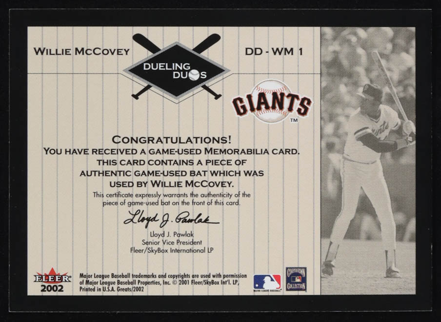 Willie McCovey / Johnny Bench 2002 Greats of the Game Dueling Duos Game Used Single Bat Relic #WM1 at PristineAuction.com Willie McCovey / Johnny Bench 2002 Greats of the Game Dueling Duos Game Used Single Bat Relic #WM1 at PristineAuction.com