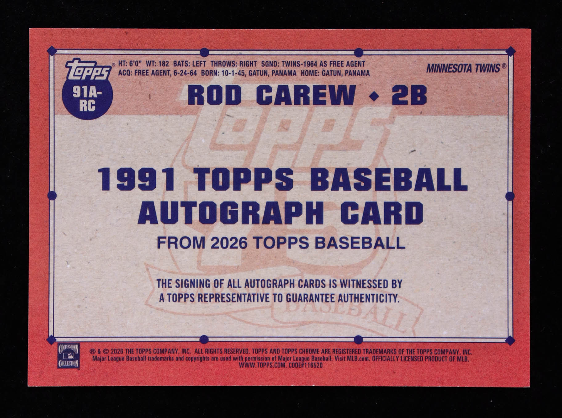 Rod Carew 2026 Topps '91 Topps Autographs Gold Foil #91ARC #48/50 at PristineAuction.com Rod Carew 2026 Topps '91 Topps Autographs Gold Foil #91ARC #48/50 at PristineAuction.com
