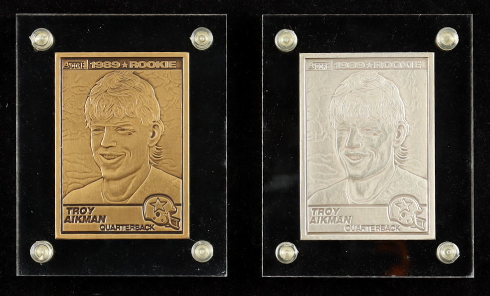 Troy Aikman LE 1995 The Highland Mint '89 Score Set of (2) Silver & Bronze Mint-Cards at PristineAuction.com Troy Aikman LE 1995 The Highland Mint '89 Score Set of (2) Silver & Bronze Mint-Cards at PristineAuction.com