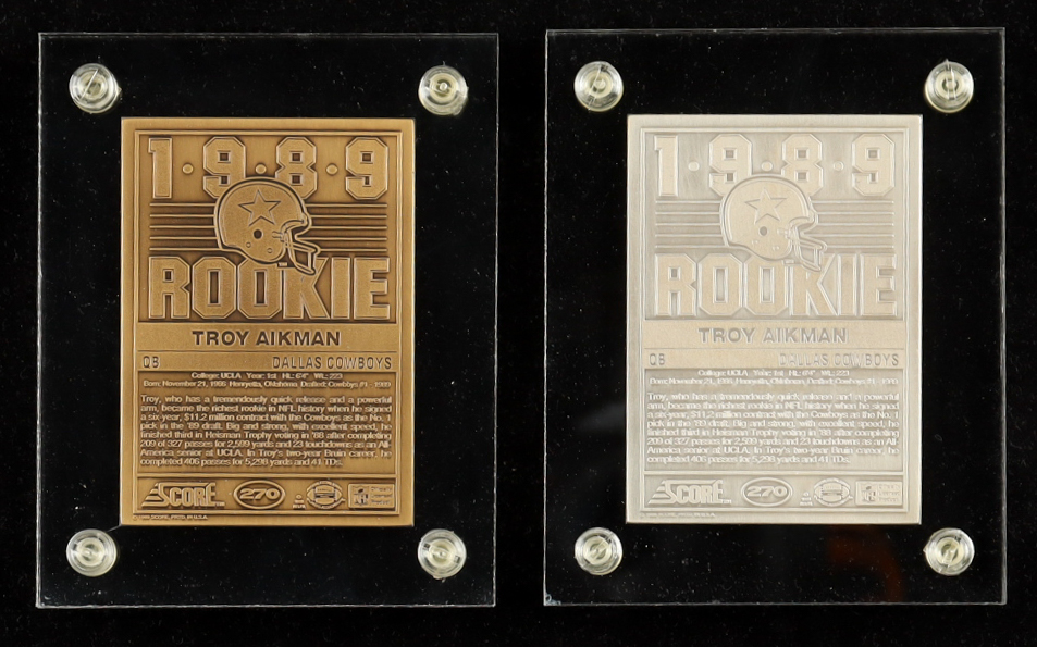 Troy Aikman LE 1995 The Highland Mint '89 Score Set of (2) Silver & Bronze Mint-Cards at PristineAuction.com Troy Aikman LE 1995 The Highland Mint '89 Score Set of (2) Silver & Bronze Mint-Cards at PristineAuction.com