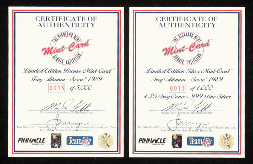 Troy Aikman LE 1995 The Highland Mint '89 Score Set of (2) Silver & Bronze Mint-Cards at PristineAuction.com Troy Aikman LE 1995 The Highland Mint '89 Score Set of (2) Silver & Bronze Mint-Cards at PristineAuction.com