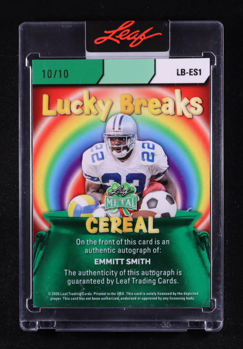 Emmitt Smith 2026 Leaf Metal St. Patrick's Day Lucky Breaks Cereal Autographs Prismatic Silver #LBES1 #10/10 at PristineAuction.com Emmitt Smith 2026 Leaf Metal St. Patrick's Day Lucky Breaks Cereal Autographs Prismatic Silver #LBES1 #10/10 at PristineAuction.com