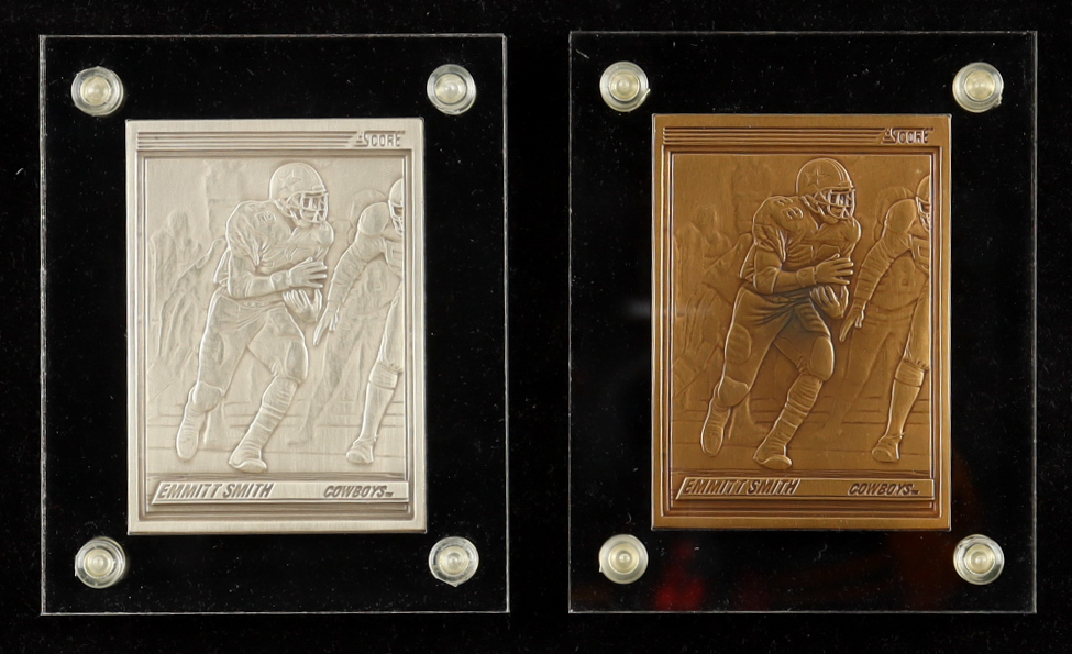 Emmitt Smith LE 1995 The Highland Mint '90 Score Set of (2) Silver & Bronze Mint-Cards at PristineAuction.com Emmitt Smith LE 1995 The Highland Mint '90 Score Set of (2) Silver & Bronze Mint-Cards at PristineAuction.com