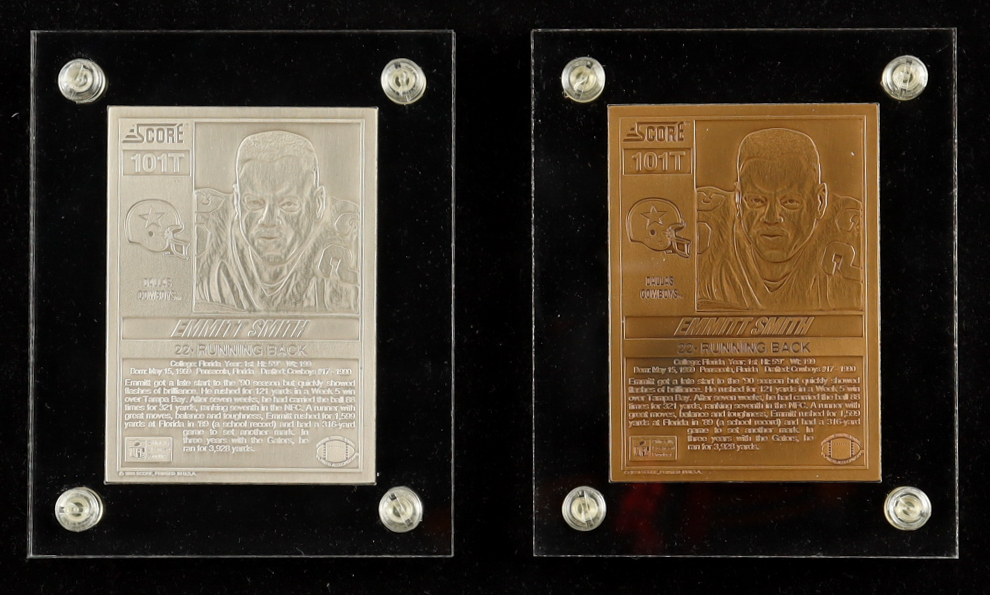 Emmitt Smith LE 1995 The Highland Mint '90 Score Set of (2) Silver & Bronze Mint-Cards at PristineAuction.com Emmitt Smith LE 1995 The Highland Mint '90 Score Set of (2) Silver & Bronze Mint-Cards at PristineAuction.com