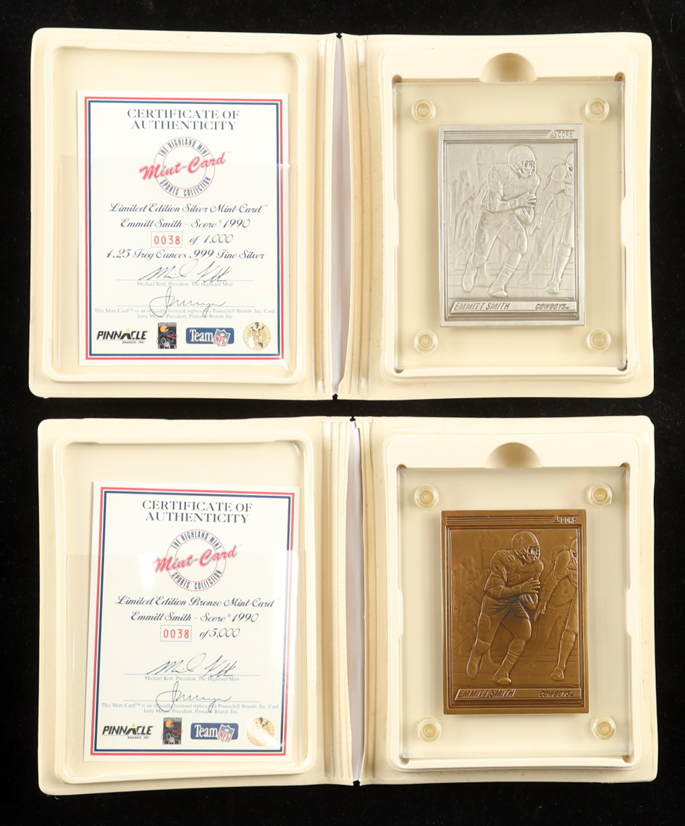Emmitt Smith LE 1995 The Highland Mint '90 Score Set of (2) Silver & Bronze Mint-Cards at PristineAuction.com Emmitt Smith LE 1995 The Highland Mint '90 Score Set of (2) Silver & Bronze Mint-Cards at PristineAuction.com