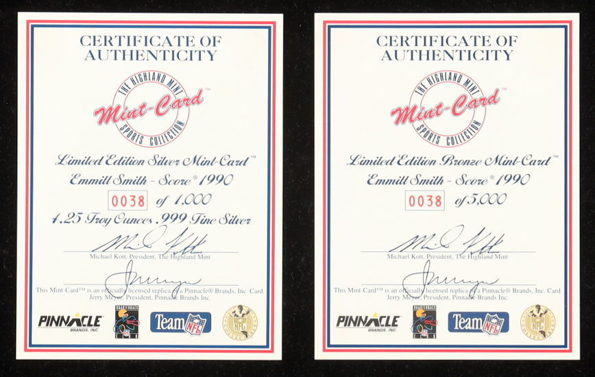 Emmitt Smith LE 1995 The Highland Mint '90 Score Set of (2) Silver & Bronze Mint-Cards at PristineAuction.com Emmitt Smith LE 1995 The Highland Mint '90 Score Set of (2) Silver & Bronze Mint-Cards at PristineAuction.com