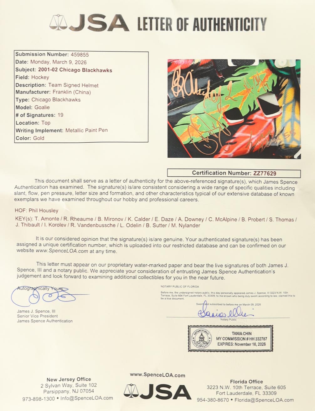 2001-02 Blackhawks | Full-Size Authentic Goalie Mask Team-Signed by (19) with Phil Housley, Tony Amonte, Igor Korolev (JSA) at PristineAuction.com 2001-02 Blackhawks | Full-Size Authentic Goalie Mask Team-Signed by (19) with Phil Housley, Tony Amonte, Igor Korolev (JSA) at PristineAuction.com