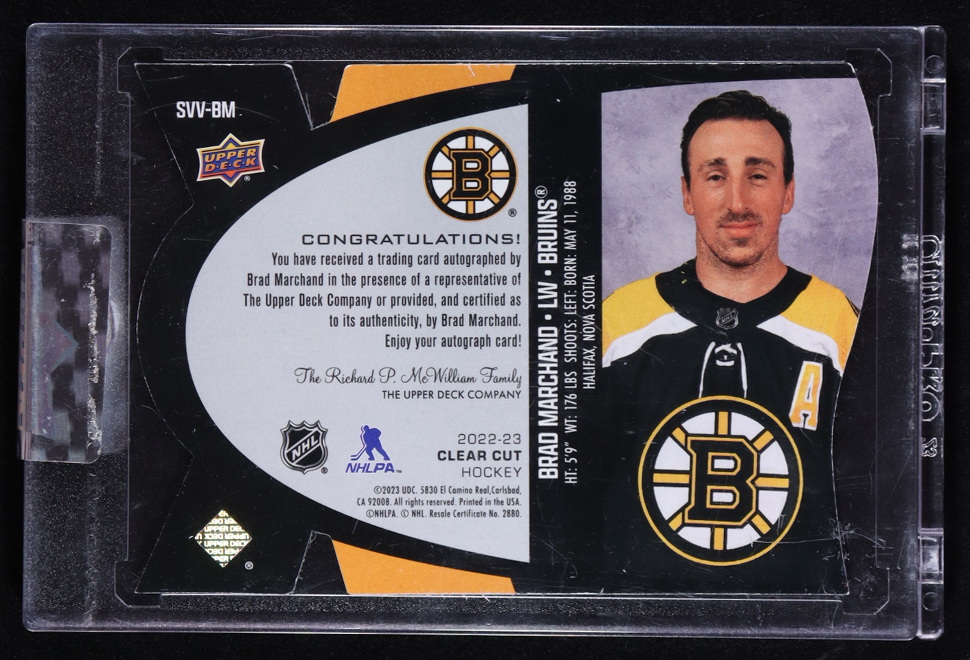 Brad Marchand 2022-23 Upper Deck Clear Cut Signature Vintage Views #SVVBM at PristineAuction.com Brad Marchand 2022-23 Upper Deck Clear Cut Signature Vintage Views #SVVBM at PristineAuction.com