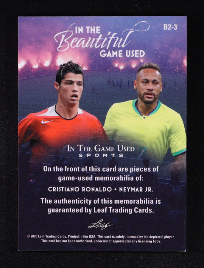 Cristiano Ronaldo / Neymar Jr. 2025 Leaf ITG Used Sports In The Beautiful Game Used Dual Relics Platinum Blue #B23 #3/8 at PristineAuction.com Cristiano Ronaldo / Neymar Jr. 2025 Leaf ITG Used Sports In The Beautiful Game Used Dual Relics Platinum Blue #B23 #3/8 at PristineAuction.com