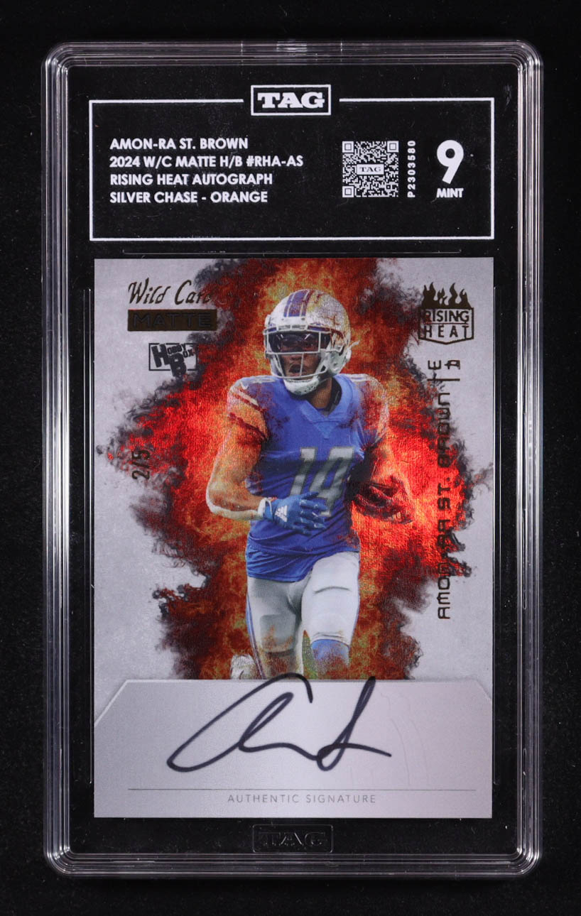 Amon-Ra St. Brown 2024 Wild Card Matte Hobby Box Rising Heat Autographs Silver Chase Orange #RHAAS #2/5 (TAG 9) at PristineAuction.com Amon-Ra St. Brown 2024 Wild Card Matte Hobby Box Rising Heat Autographs Silver Chase Orange #RHAAS #2/5 (TAG 9) at PristineAuction.com