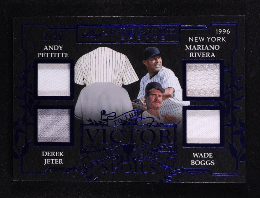 Andy Pettitte / Derek Jeter / Mariano Rivera / Wade Boggs 2025 Leaf ITG Used Sports To The Victor Goes The Spoils Blue Quad Patch #VS22 #2/35 at PristineAuction.com Andy Pettitte / Derek Jeter / Mariano Rivera / Wade Boggs 2025 Leaf ITG Used Sports To The Victor Goes The Spoils Blue Quad Patch #VS22 #2/35 at PristineAuction.com