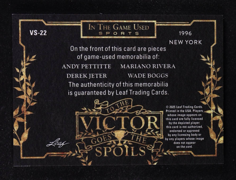 Andy Pettitte / Derek Jeter / Mariano Rivera / Wade Boggs 2025 Leaf ITG Used Sports To The Victor Goes The Spoils Blue Quad Patch #VS22 #2/35 at PristineAuction.com Andy Pettitte / Derek Jeter / Mariano Rivera / Wade Boggs 2025 Leaf ITG Used Sports To The Victor Goes The Spoils Blue Quad Patch #VS22 #2/35 at PristineAuction.com