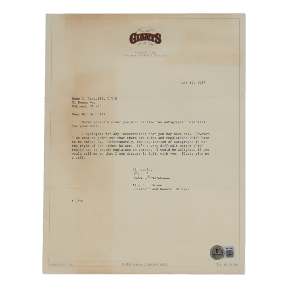 Al Rosen Signed Giants 1987 Typewritten Letter on Official Stationary (Beckett) at PristineAuction.com