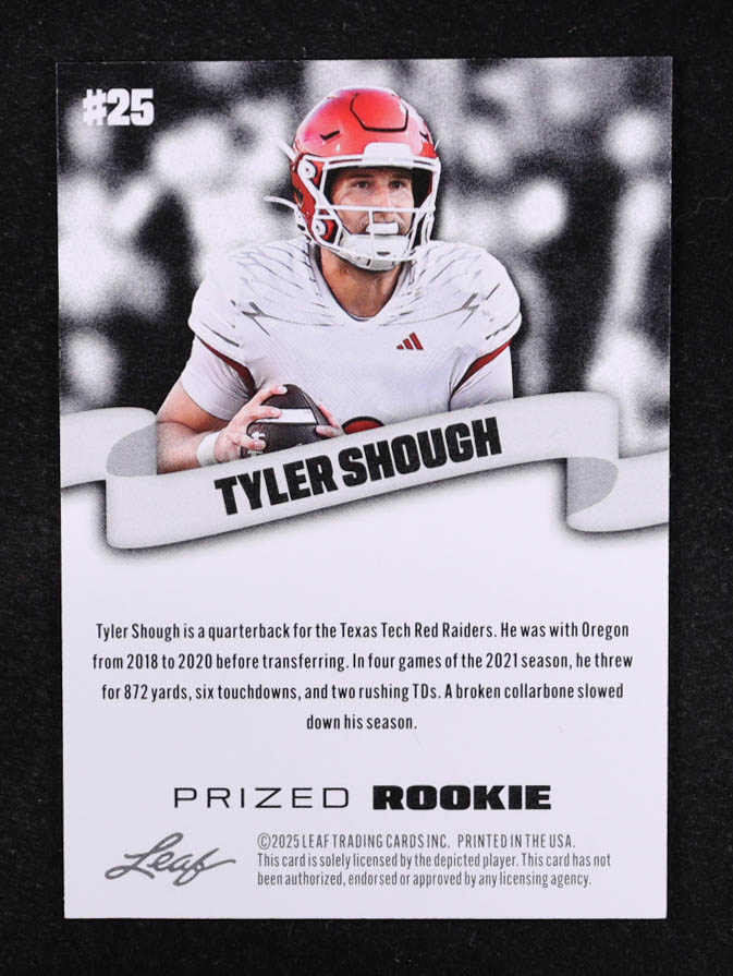 Tyler Shough 2025 Leaf Prized Rookie #25 RC at PristineAuction.com Tyler Shough 2025 Leaf Prized Rookie #25 RC at PristineAuction.com