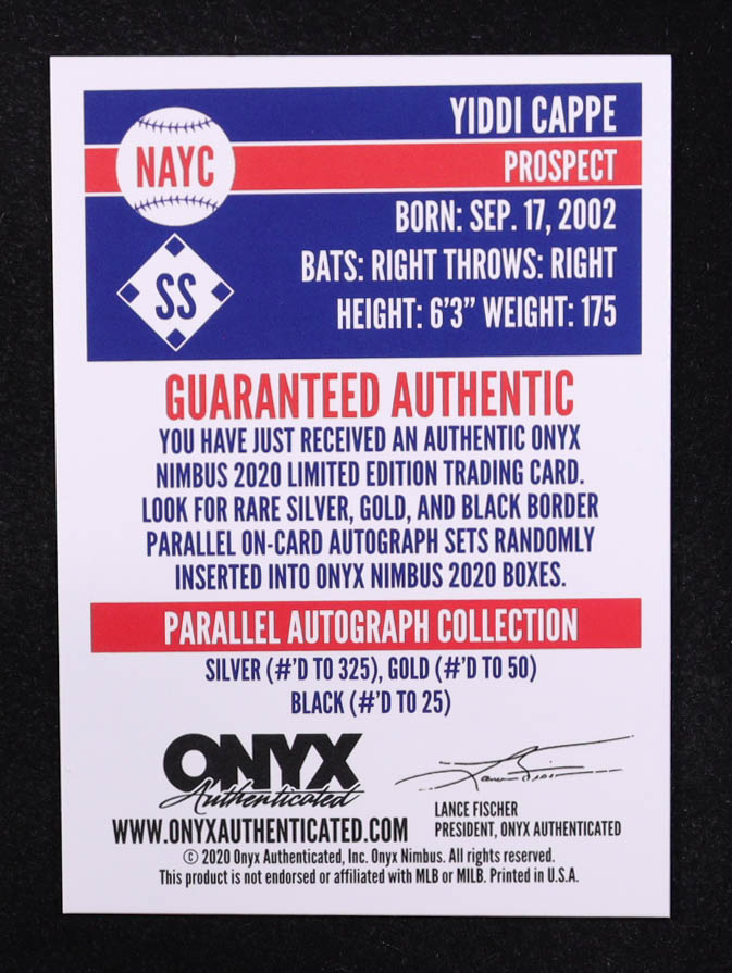 Yiddi Cappe 2020 Onyx Nimbus Autographs Silver Border #NAYC #/325 at PristineAuction.com Yiddi Cappe 2020 Onyx Nimbus Autographs Silver Border #NAYC #/325 at PristineAuction.com