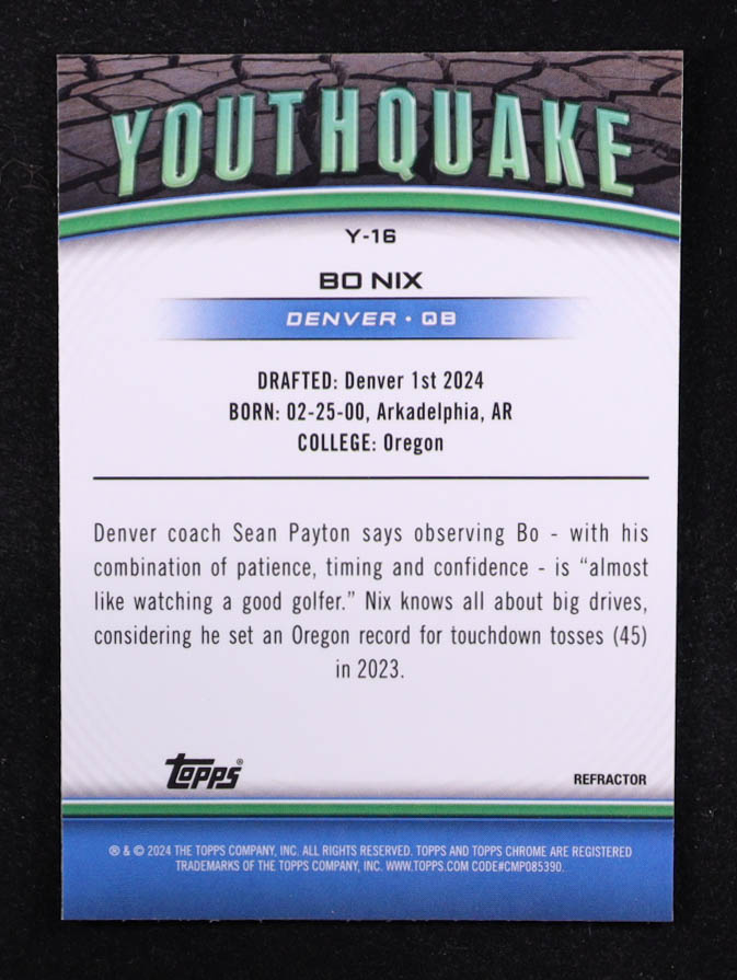 Bo Nix 2024 Topps Chrome Youthquake Refractors #Y16 RC at PristineAuction.com Bo Nix 2024 Topps Chrome Youthquake Refractors #Y16 RC at PristineAuction.com