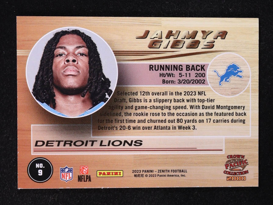 Jahmyr Gibbs 2023 Zenith Pacific Crown Collection #9 RC at PristineAuction.com Jahmyr Gibbs 2023 Zenith Pacific Crown Collection #9 RC at PristineAuction.com