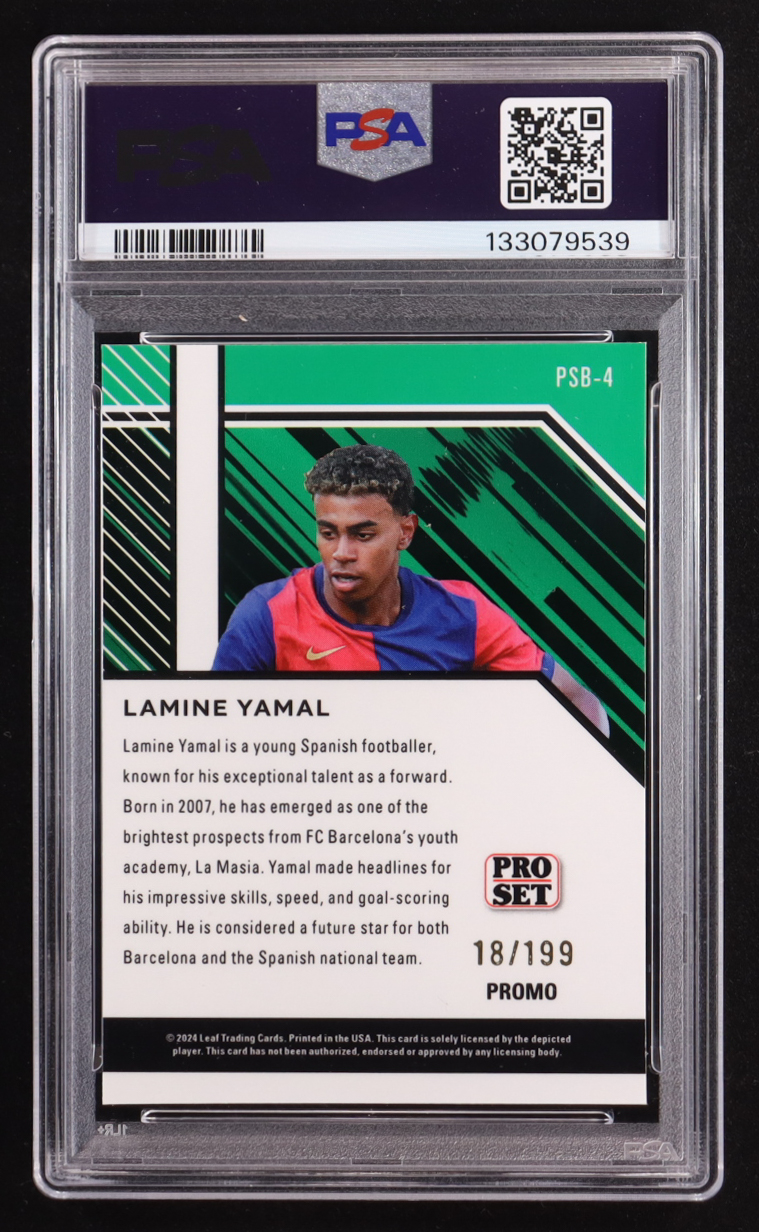 Lamine Yamal 2024 Leaf Collective Promo Pro Set Shimmer Purple #PSB4 #18/199 (PSA 8) at PristineAuction.com Lamine Yamal 2024 Leaf Collective Promo Pro Set Shimmer Purple #PSB4 #18/199 (PSA 8) at PristineAuction.com