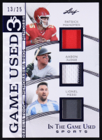 Patrick Mahomes II /  Aaron Judge / Lionel Messi 2025 Leaf in the Game Used Game-Used Trios Memorabilia Blue Holo #GT-29 #13/25 at PristineAuction.com