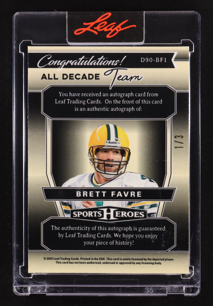 Brett Favre 2025 Leaf Sports Heroes All Decade Team 90's Autograph Crystal Red #BF1 #1/3 at PristineAuction.com Brett Favre 2025 Leaf Sports Heroes All Decade Team 90's Autograph Crystal Red #BF1 #1/3 at PristineAuction.com