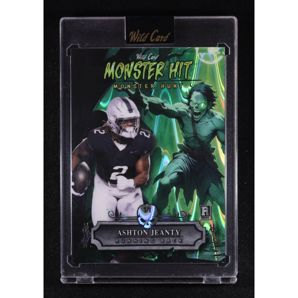 Ashton Jeanty 2025 Wild Card Haunted Hits Monster Hunt Cemetery Zombie Green Raywave #AJ #1/1 RC at PristineAuction.com
