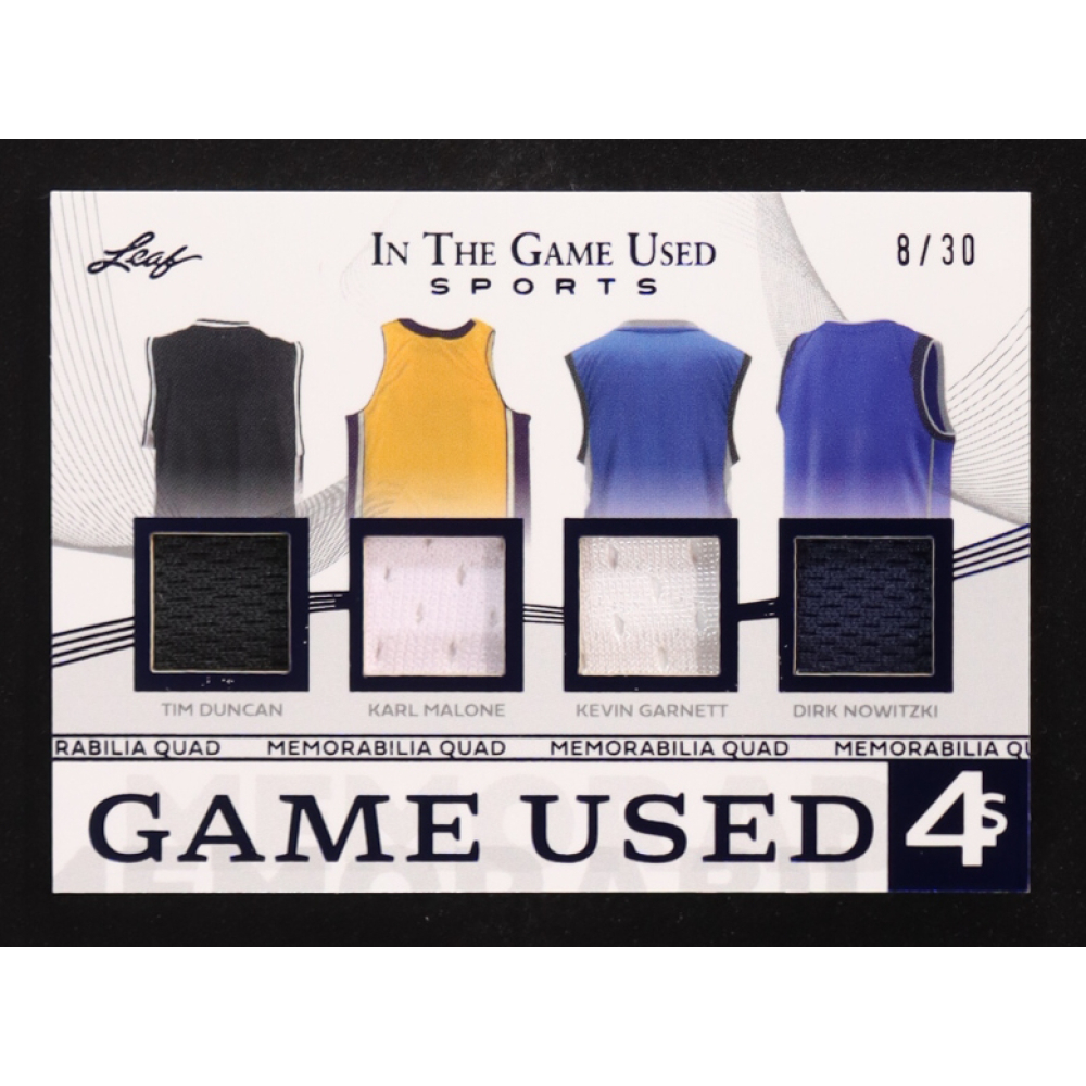 Tim Duncan / Karl Malone / Kevin Garnett / Dirk Nowitzki 2025 Leaf ITG Used Sports Quad Memorabilia Jerseys #GQ-8 #8/30 at PristineAuction.com