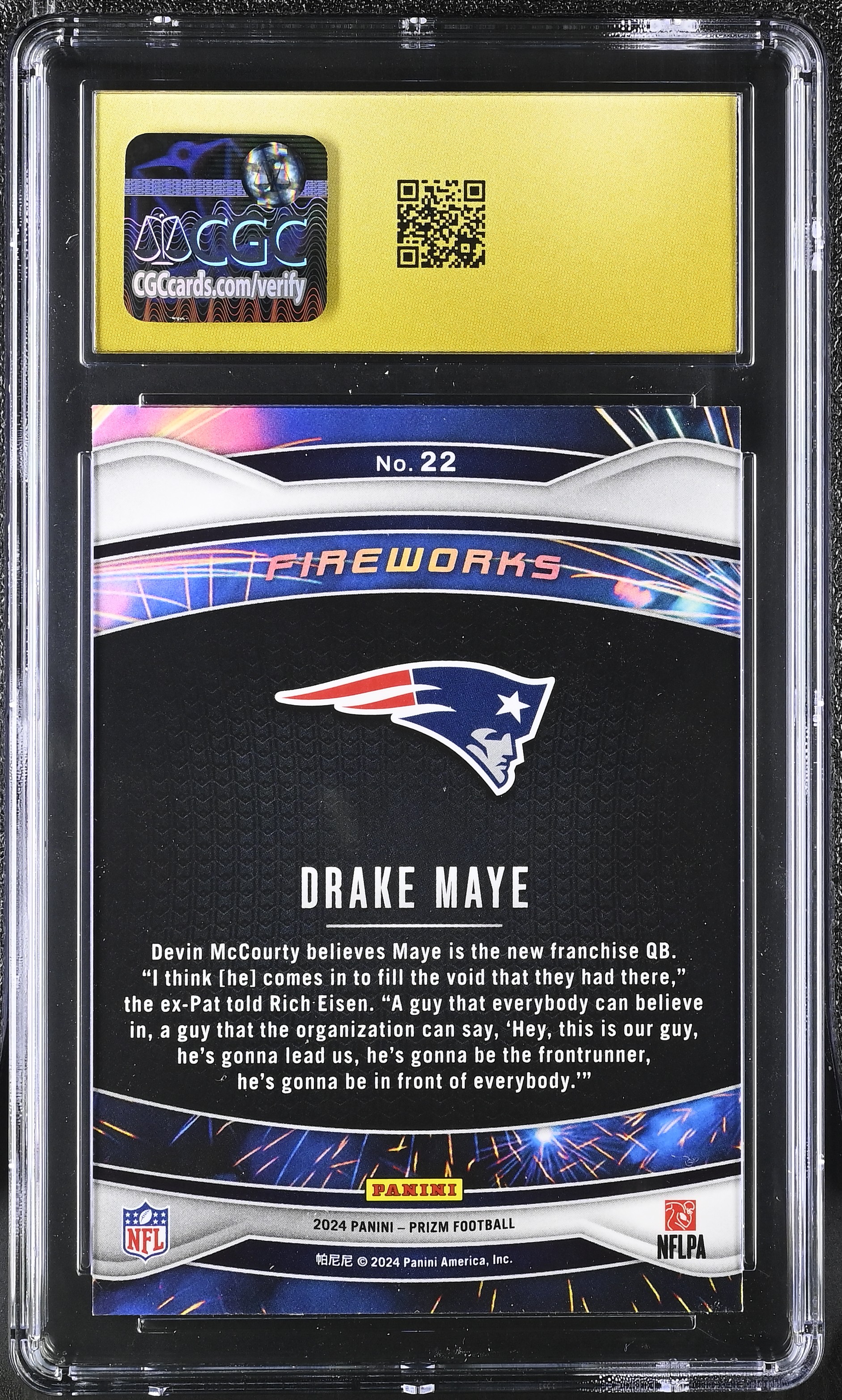 Drake Maye 2024 Panini Prizm Fireworks #22 RC (CGC 10 | Black Label) at PristineAuction.com Drake Maye 2024 Panini Prizm Fireworks #22 RC (CGC 10 | Black Label) at PristineAuction.com