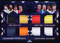 2025 Leaf Trinity The Gr8est Blue 8-Way Game-Used Memorabilia #TG-8 #25/25 Lionel Messi / Pel&eacute; / Diego Maradona / Cristiano Ronaldo / Lamine Yamal / Erling Haaland / Vin&iacute;cius J&uacute;nior / Cole Palmer at PristineAuction.com