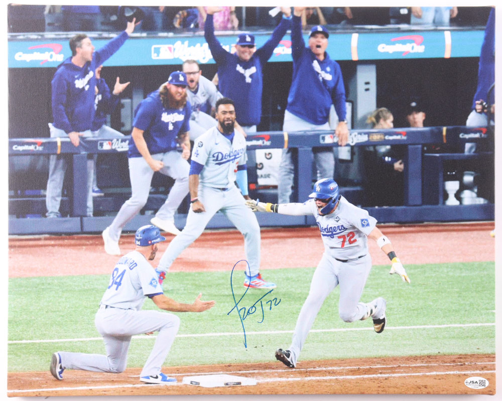 Miguel Rojas Signed Dodgers 2025 World Series 16x20 Custom Canvas Display (JSA) at PristineAuction.com Miguel Rojas Signed Dodgers 2025 World Series 16x20 Custom Canvas Display (JSA) at PristineAuction.com