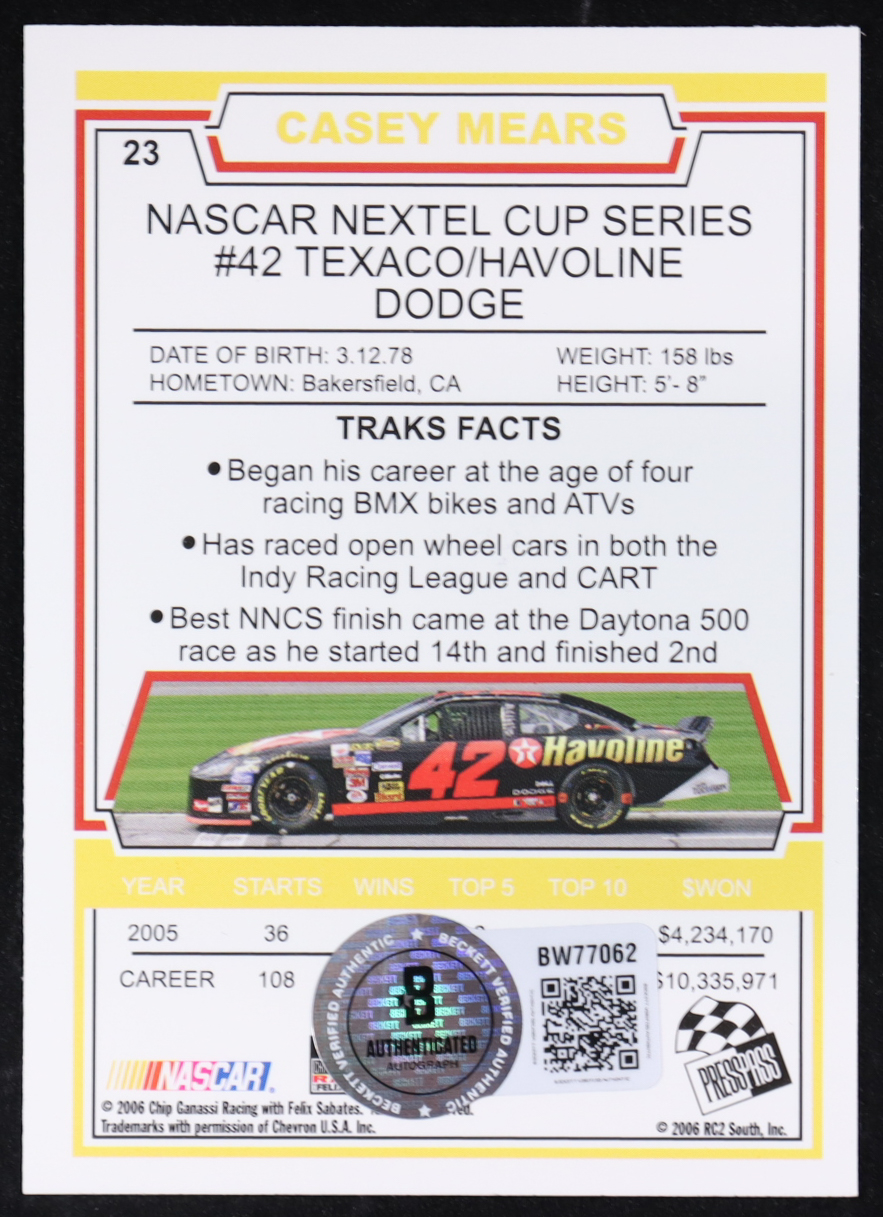 Casey Mears Signed 2006 TRAKS #23 (Beckett) at PristineAuction.com Casey Mears Signed 2006 TRAKS #23 (Beckett) at PristineAuction.com