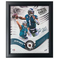 Jalen Hurts Eagles LE Custom Framed Display with Piece of Game-Used Football at PristineAuction.com