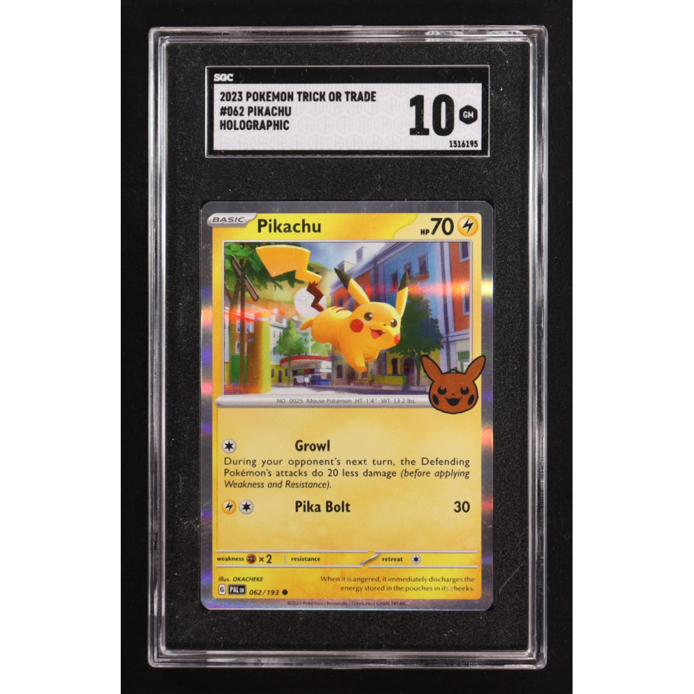 Pikachu 2023 Pokemon TCG Scarlet & Violet Paldea Evolved Promos Trick Or Trade Stamp #062 Mirage Holo (SGC 10) at PristineAuction.com
