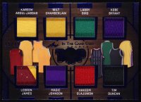 2025 Leaf In The Game Used Top 40 Blue Holo 8-Way Game-Used Memorabilia #BKT-1 #15/15 Kareem Abdul-Jabbar / Wilt Chamberlain / Larry Bird / Kobe Bryant / LeBron James / Magic Johnson / Hakeem Olajuwon / Tim Duncan at PristineAuction.com