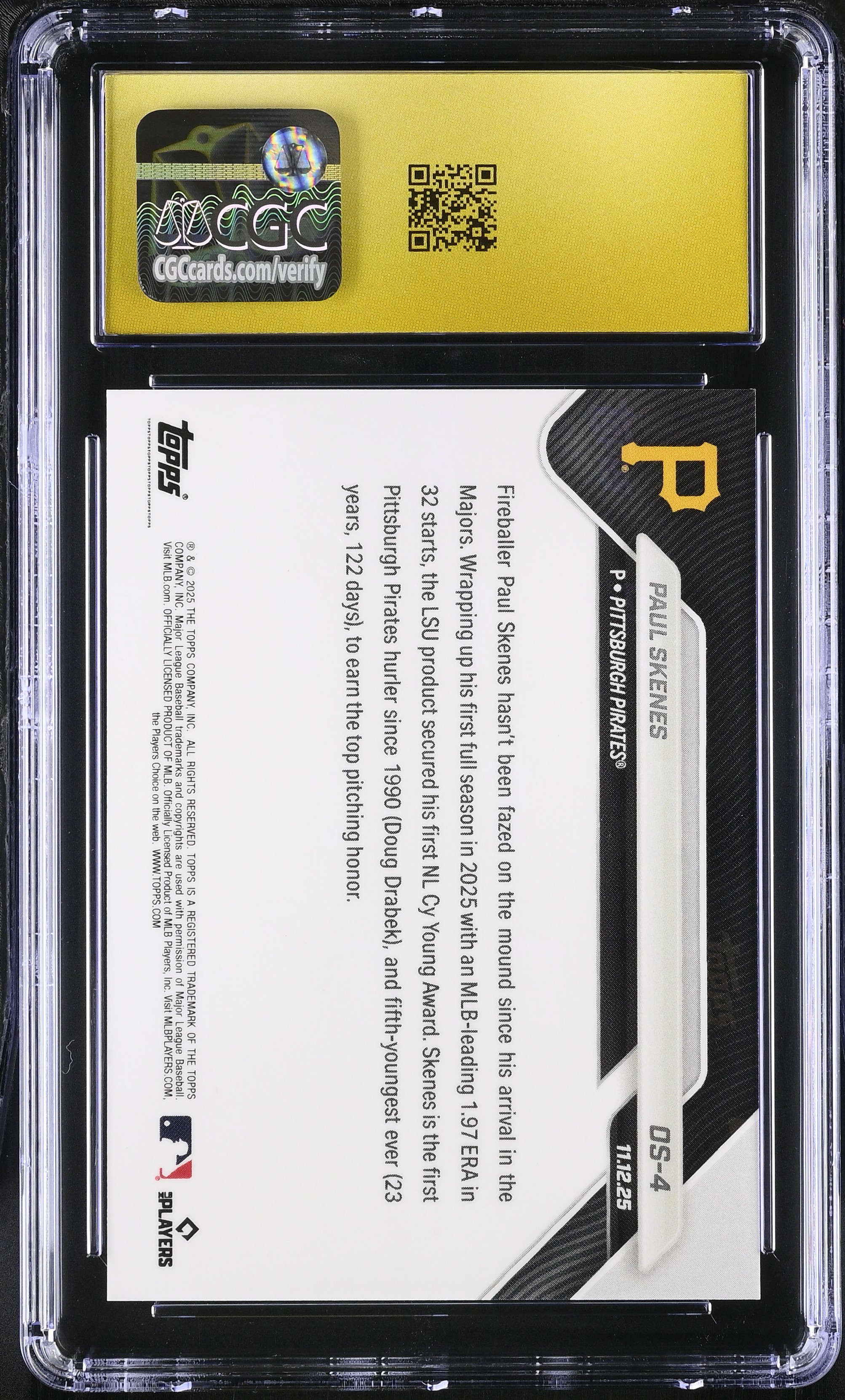 Paul Skenes 2025 Topps Now Offseason #OS4 (CGC 10 | Pristine Black Label) at PristineAuction.com Paul Skenes 2025 Topps Now Offseason #OS4 (CGC 10 | Pristine Black Label) at PristineAuction.com