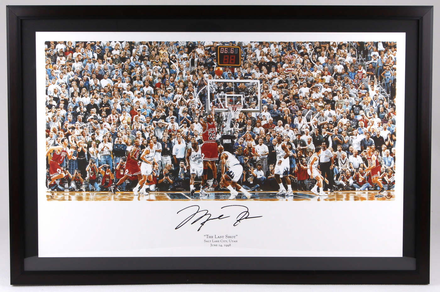 Michael Jordan Signed Bulls 27x41 Custom Framed "The Last Shot" Display (UDA COA) at PristineAuction.com Michael Jordan Signed Bulls 27x41 Custom Framed "The Last Shot" Display (UDA COA) at PristineAuction.com
