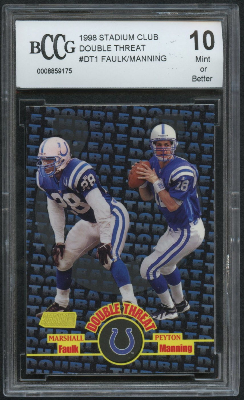 1998 Stadium Club Double Threat #DT1 Marshall Faulk / Peyton Manning (BCCG 10) at PristineAuction.com 1998 Stadium Club Double Threat #DT1 Marshall Faulk / Peyton Manning (BCCG 10) at PristineAuction.com