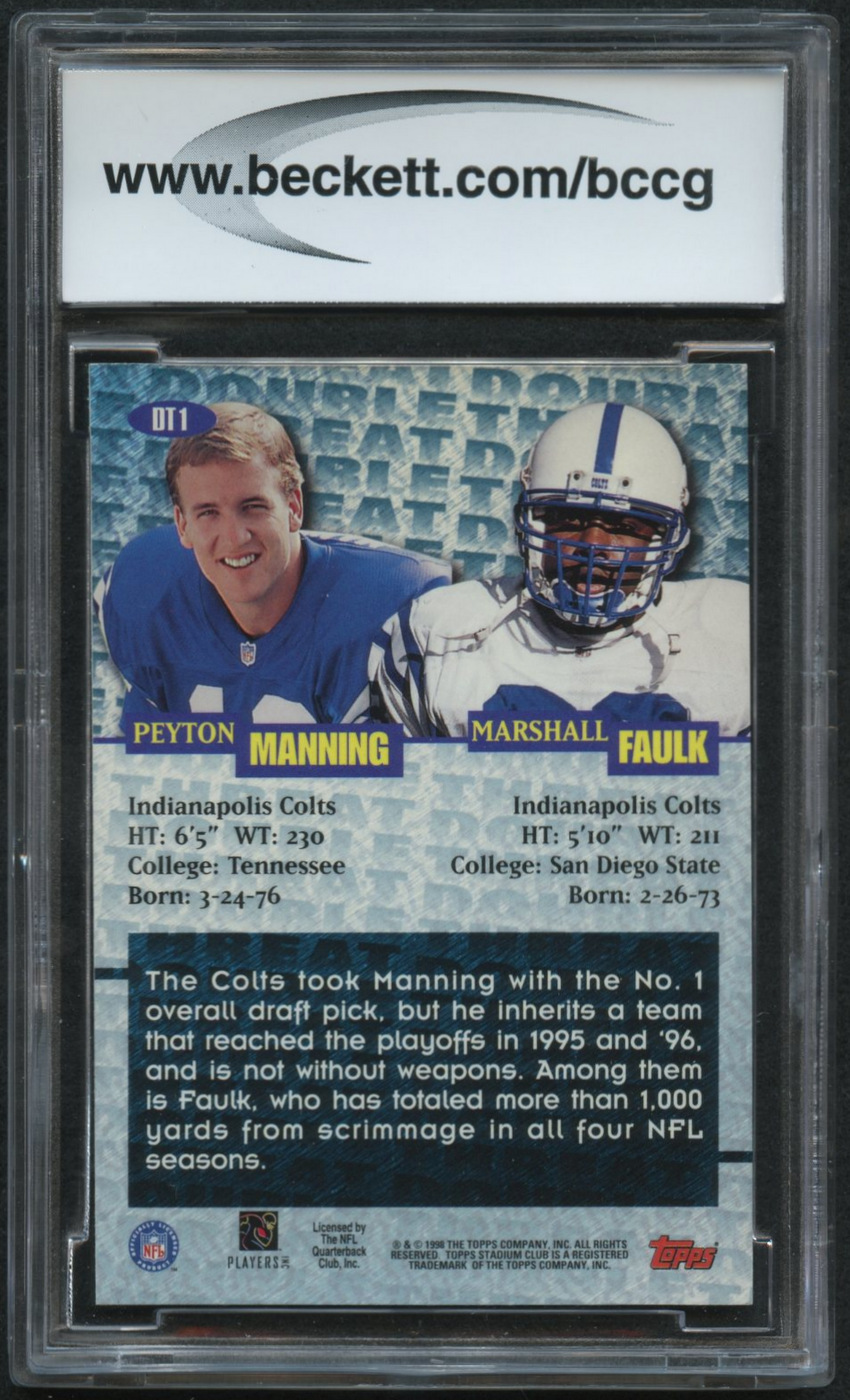 1998 Stadium Club Double Threat #DT1 Marshall Faulk / Peyton Manning (BCCG 10) at PristineAuction.com 1998 Stadium Club Double Threat #DT1 Marshall Faulk / Peyton Manning (BCCG 10) at PristineAuction.com