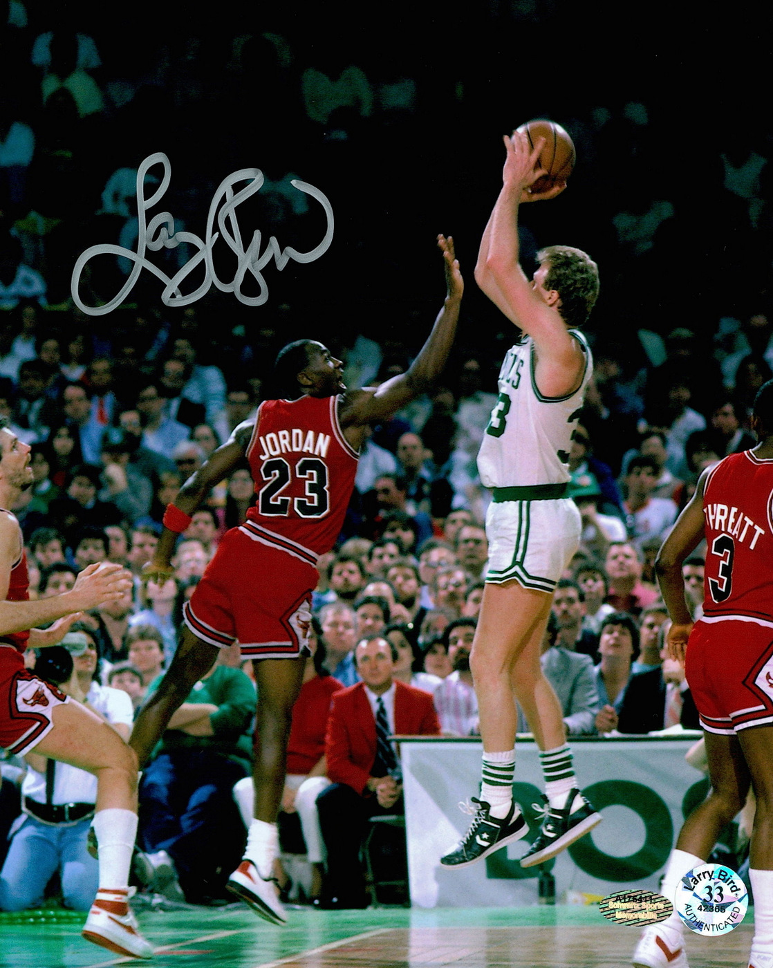 Larry Bird Signed Celtics 8x10 Photo vs. Michael Jordan (Schwartz COA & Bird Hologram) at PristineAuction.com Larry Bird Signed Celtics 8x10 Photo vs. Michael Jordan (Schwartz COA & Bird Hologram) at PristineAuction.com