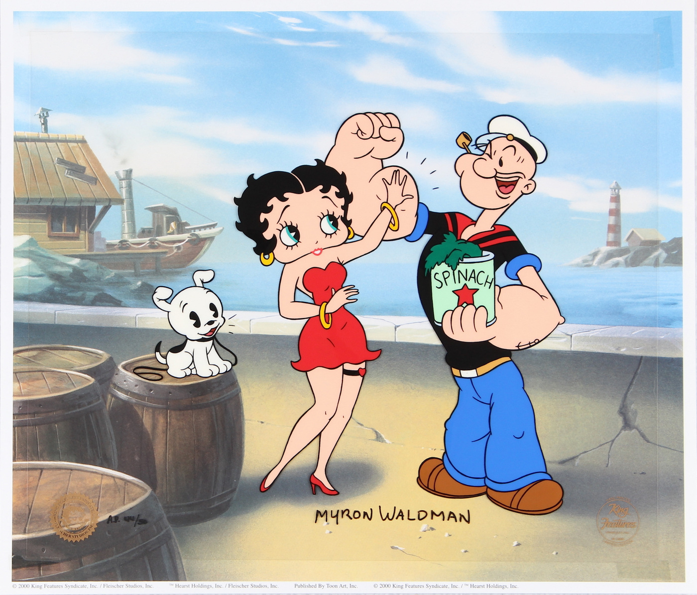 Myron Waldman Signed AP 2000 Betty Boop & Popeye "Flexing for Betty" 12x14 Hand-Painted Animation Cel (Toon Art COA) at PristineAuction.com Myron Waldman Signed AP 2000 Betty Boop & Popeye "Flexing for Betty" 12x14 Hand-Painted Animation Cel (Toon Art COA) at PristineAuction.com
