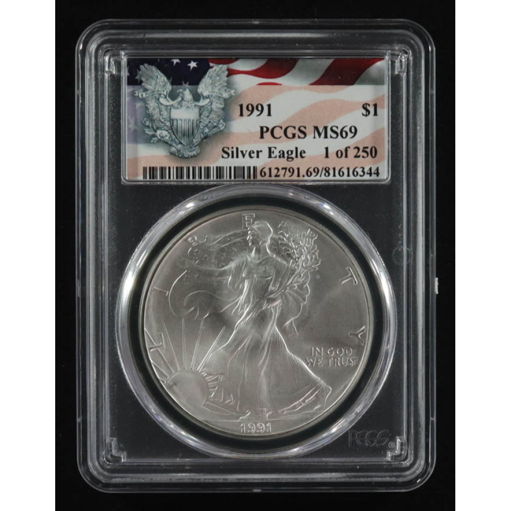 1991 American Silver $1 Dollar Eagle, Flag Label (PCGS MS69) at PristineAuction.com