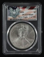 1991 American Silver $1 Dollar Eagle, Flag Label (PCGS MS69) at PristineAuction.com