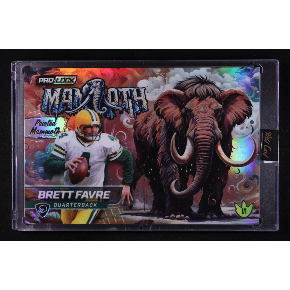 Brett Favre 2025 Wild Card Alumination Pro Look Dino-Might Painted Mammoth Holo JUMBO #DMPMM109BBF #1/1 at PristineAuction.com