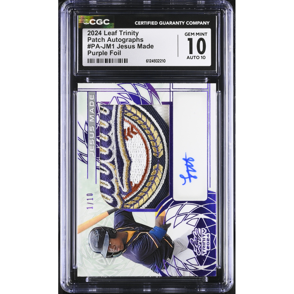 Jesus Made 2024 Leaf Trinity Patch Autographs Purple Foil #PAJM1 #1/10 RC (CGC 10 | Autograph Grade CGC 10) at PristineAuction.com