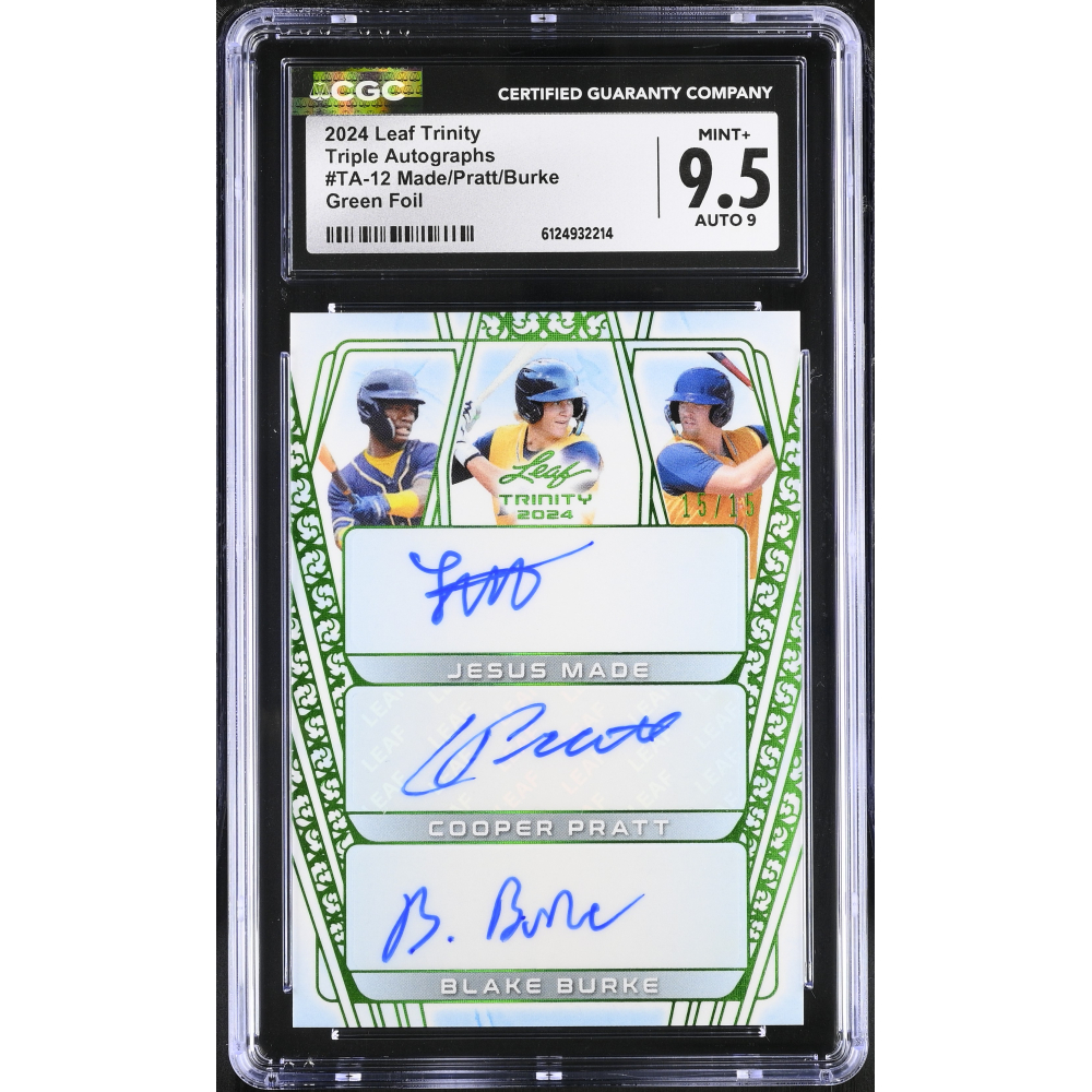 Jesus Made / Cooper Pratt / Blake Burke 2024 Leaf Trinity Triple Autographs Green Foil #TA12 #15/15 RC (CGC 9.5 | Autograph Grade 9) at PristineAuction.com