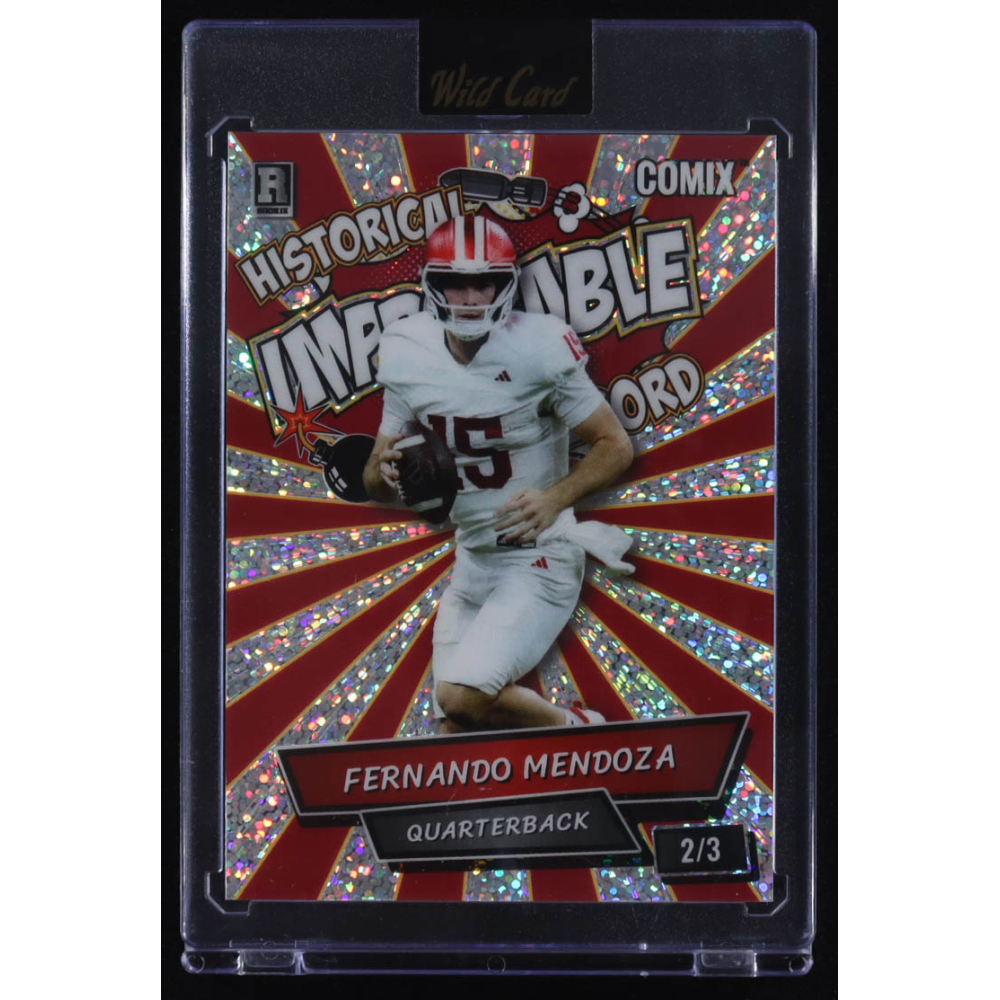 Fernando Mendoza 2025 Wild Card Comix Historical Improbable Record Red and White Sparkle #ACIM-FM011 #2/3 RC at PristineAuction.com