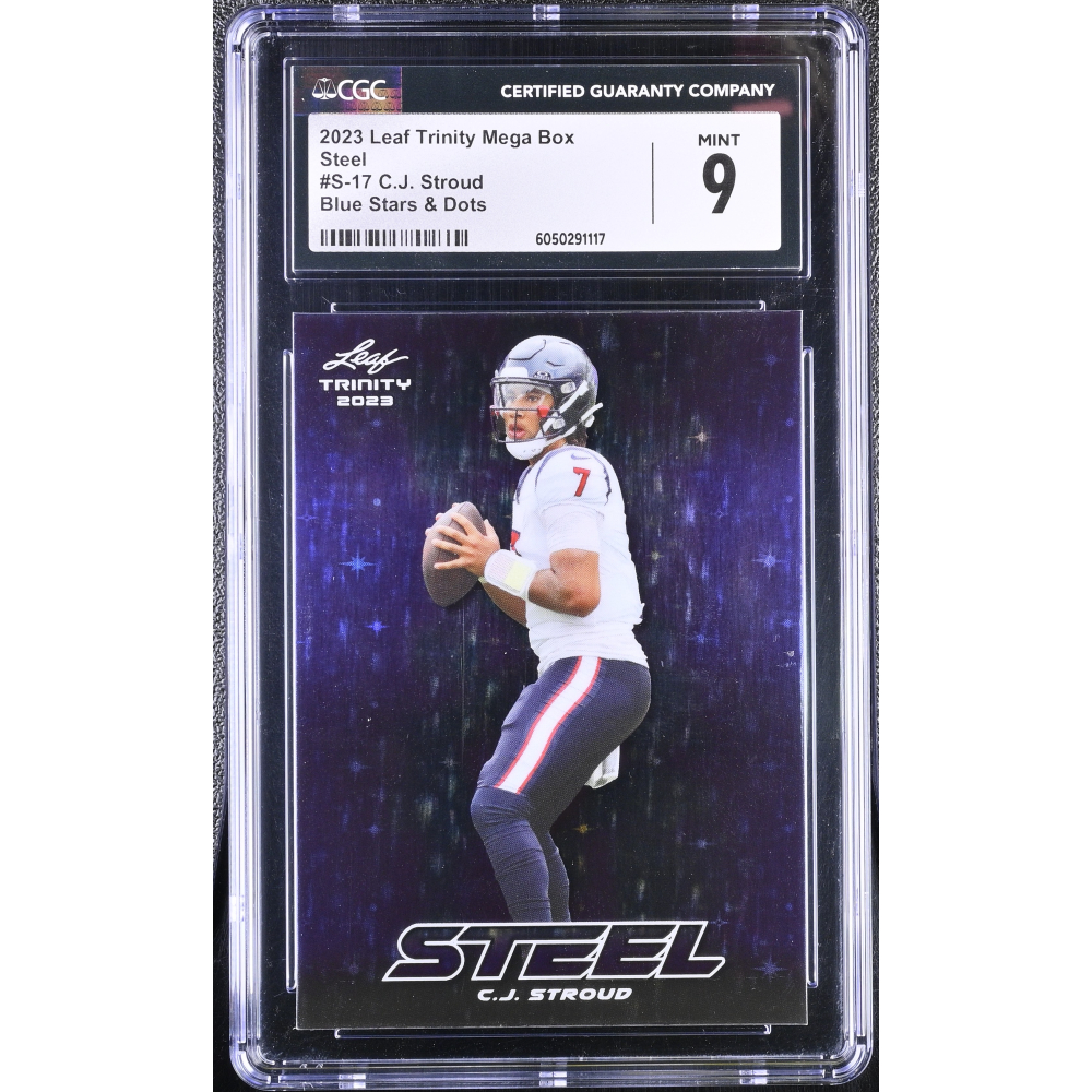 C.J. Stroud 2023 Leaf Trinity Mega Box Steel Stars and Dots Blue #S17 RC #06/99 (CGC 9) at PristineAuction.com