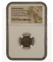 Roman Empire - Constantinian, AD 330-340, AE3/4 (BI Nummus) - House of Constantine / Constantinopolis/Victory (NGC F) at PristineAuction.com