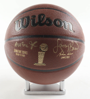 Magic Johnson & Larry Bird Signed NBA Finals Trophy Special Edition Basketball with Display Stand (PSA & Beckett) at PristineAuction.com