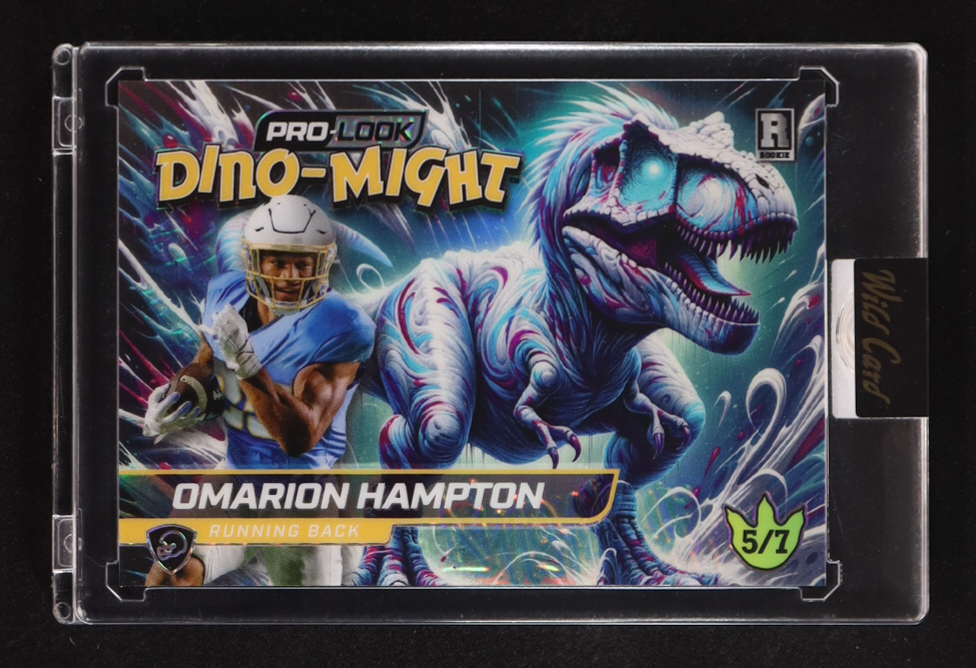 Omarion Hampton 2025 Wild Card Alumination Pro-Look Dino-Might T-Rex #DMPTRX3-OH #5/7 at PristineAuction.com Omarion Hampton 2025 Wild Card Alumination Pro-Look Dino-Might T-Rex #DMPTRX3-OH #5/7 at PristineAuction.com