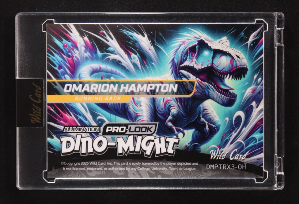 Omarion Hampton 2025 Wild Card Alumination Pro-Look Dino-Might T-Rex #DMPTRX3-OH #5/7 at PristineAuction.com Omarion Hampton 2025 Wild Card Alumination Pro-Look Dino-Might T-Rex #DMPTRX3-OH #5/7 at PristineAuction.com